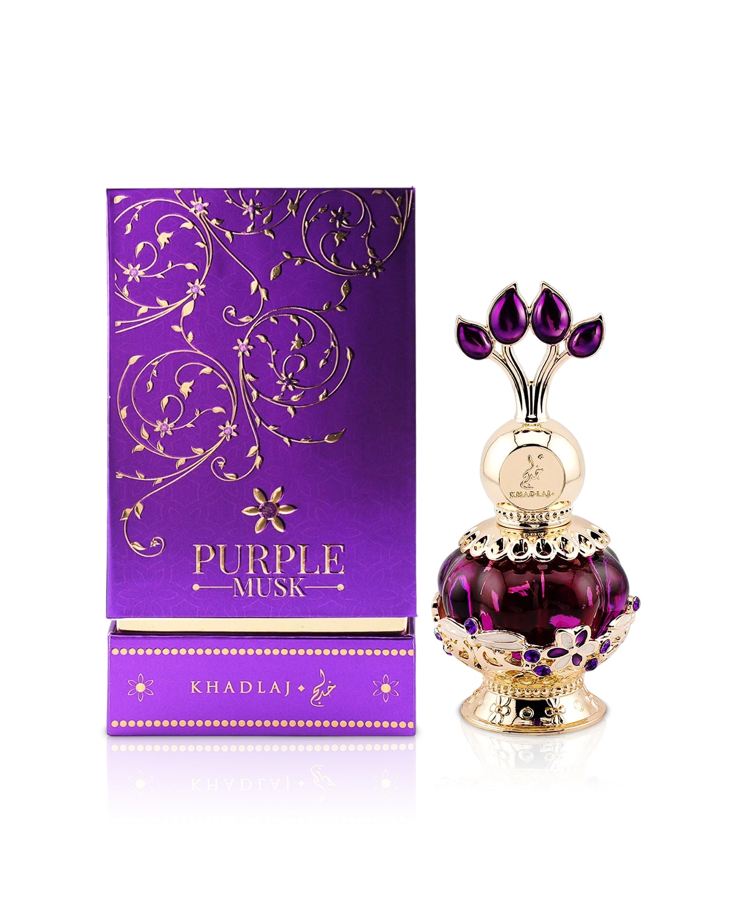 khadlaj purple musk perfume oil bottle shows beside its box against white background