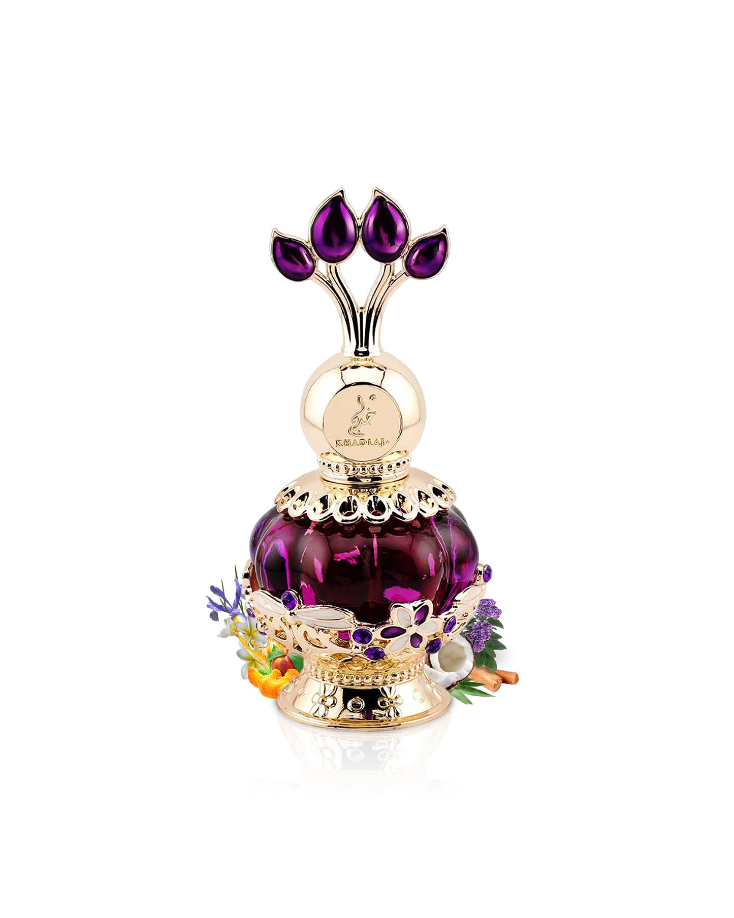 khadlaj purple musk perfume oil bottle surrounded with fragrance notes like fruits and coconut shows behind the bottle against white background