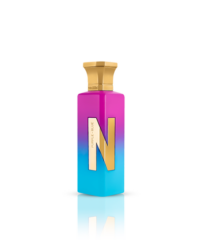 purple blue aqua parfum bottle against white background