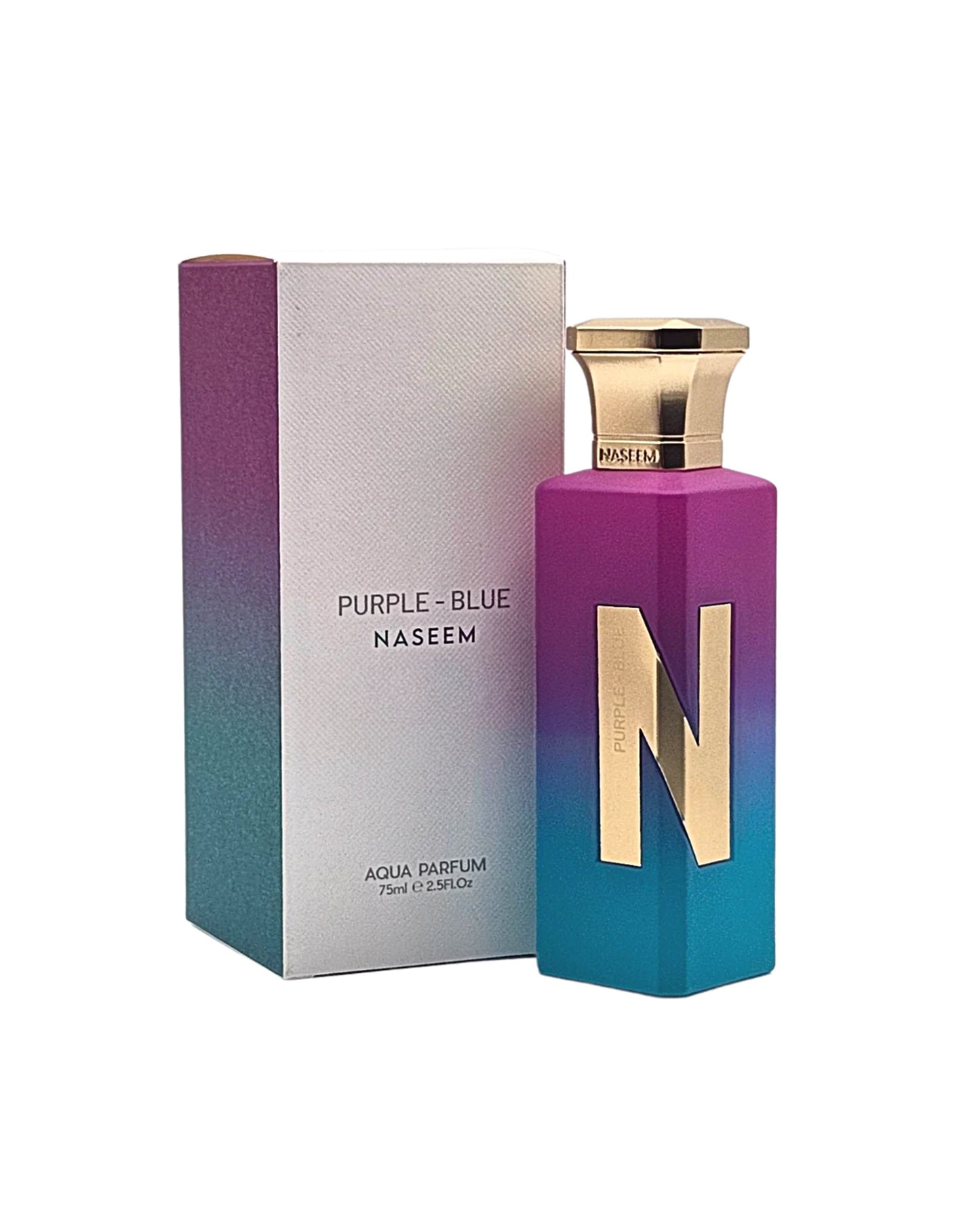 purple blue aqua parfum bottle and box against white background