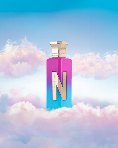 purple blue aqua parfum bottle at sky between pink clouds