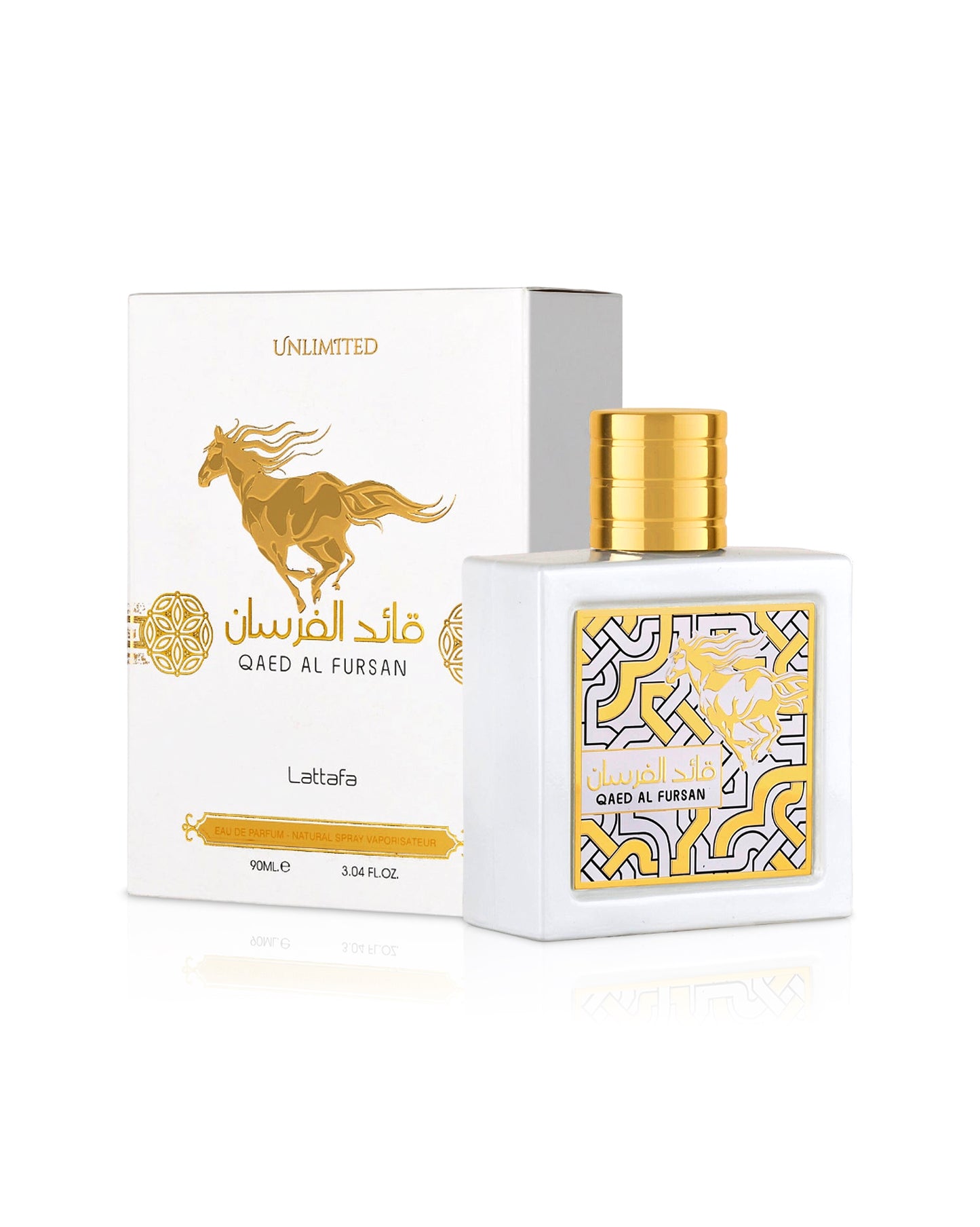 lattafa qaed al fursan unlimited perfume bottle showsbeside its box  against white background