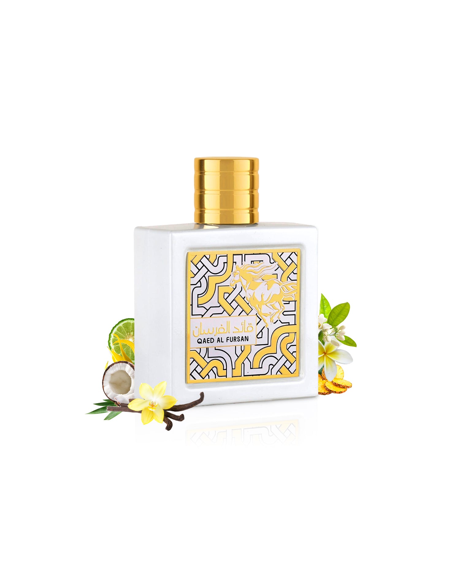 lattafa qaed al fursan unlimited perfume bottle surrounded with its ingredients like vanilla and coconut with many others shows from behind the bottle  against white background