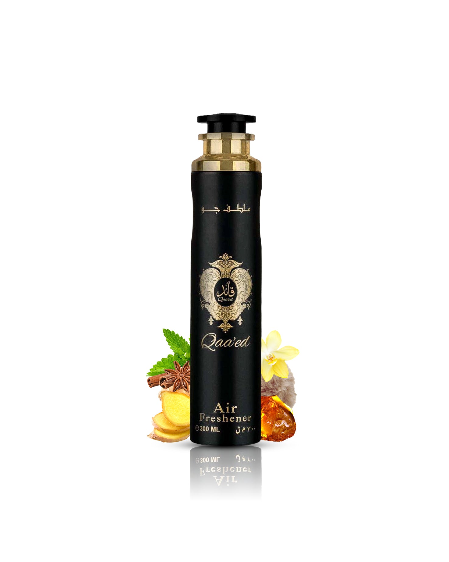 qaeed air freshener surrounded by ginger amber against white background