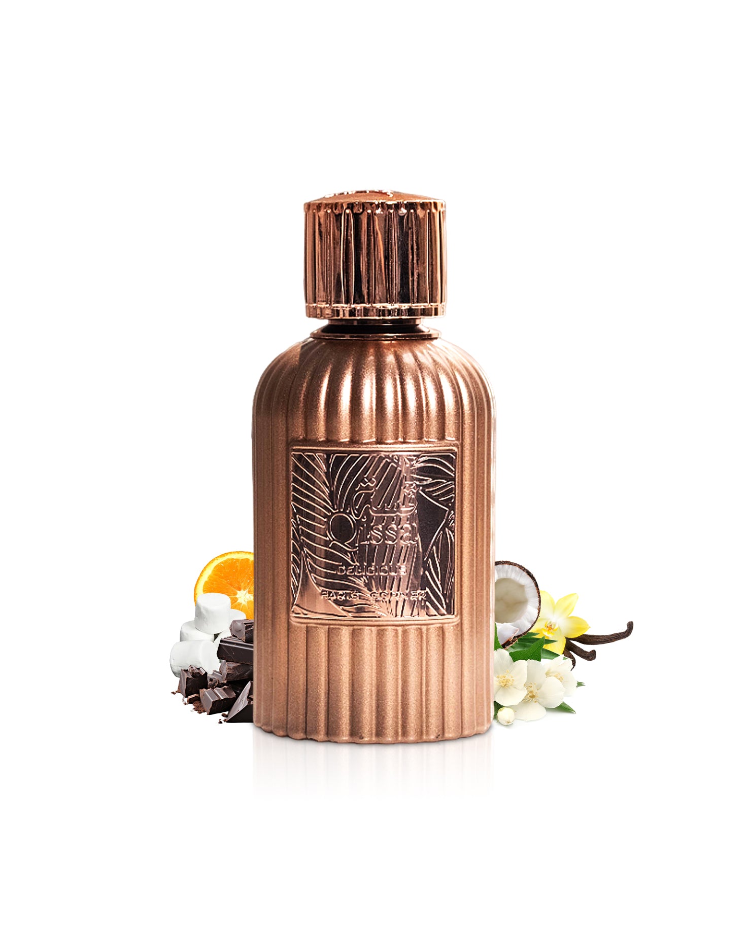 qissa delicious by paris corner perfume bottle surrounded with its ingredients like chocolate and coconut with many others like vanilla and marshmallow shows from behind the bottle against white background