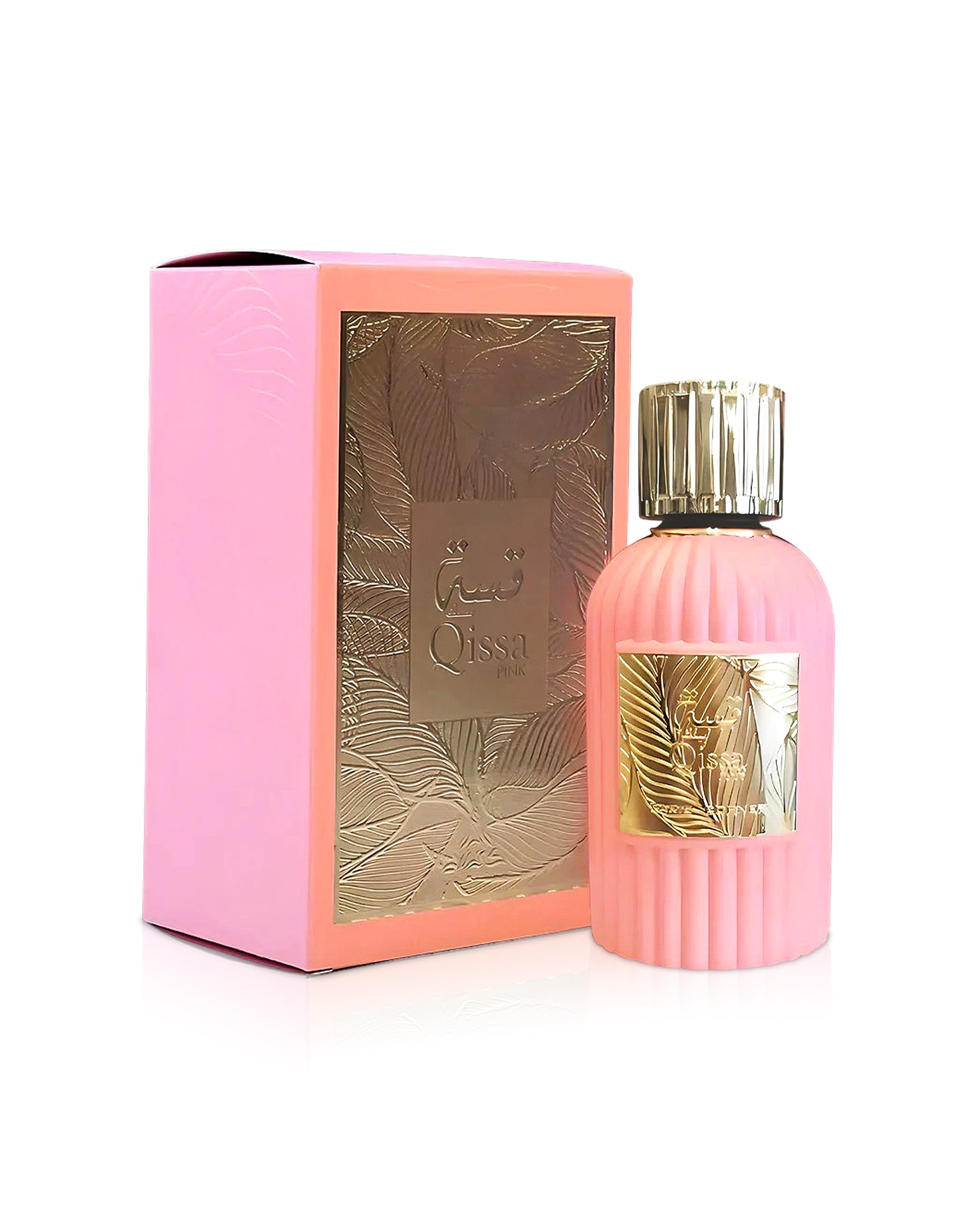 qissa pink by paris corner perfume bottle shows beside its box against white background