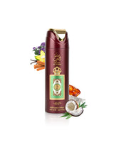 lattafa queen of arabia deodorant bottle surrounded by fragrance notes like coconut and sandalwood shows against white background
