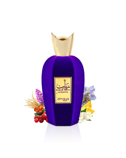 zimaya rabab gems purple perfume bottle surrounded with its ingredients like pink pepper and ananas with many others shows from behind the bottle against white background