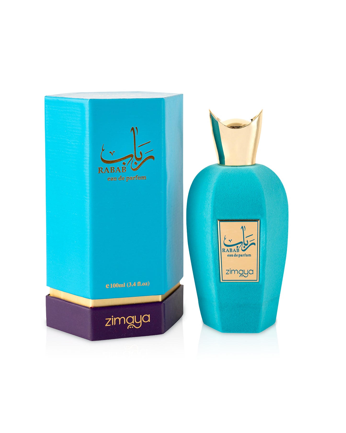 rabab eau de parfum by zimaya perfume bottle shows beside its box against white background