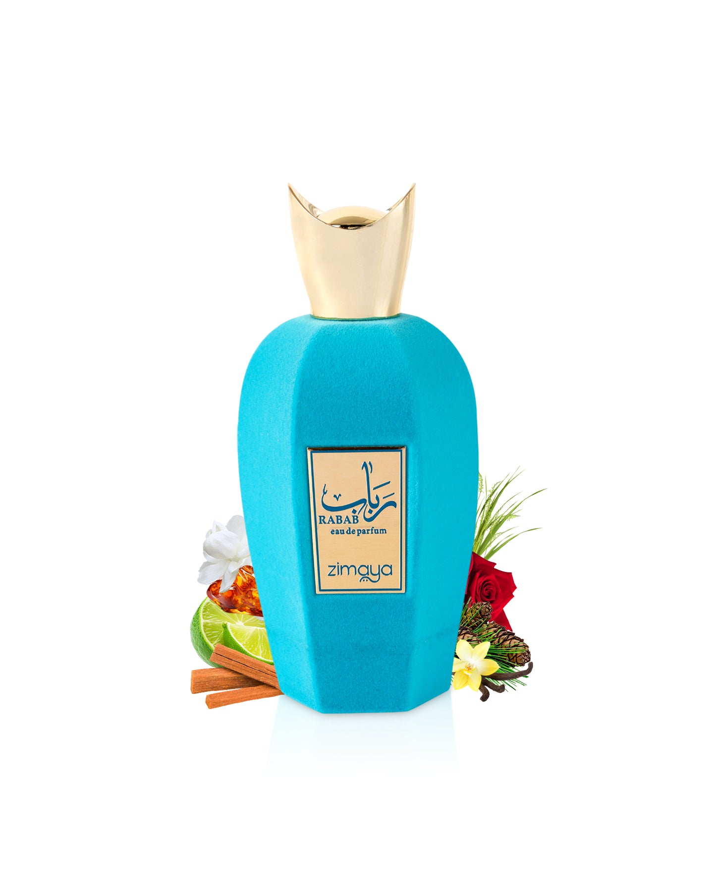 rabab eau de parfum by zimaya perfume bottle surrounded with its ingredients like rose and citrus with many others shows from behind the bottle against white background