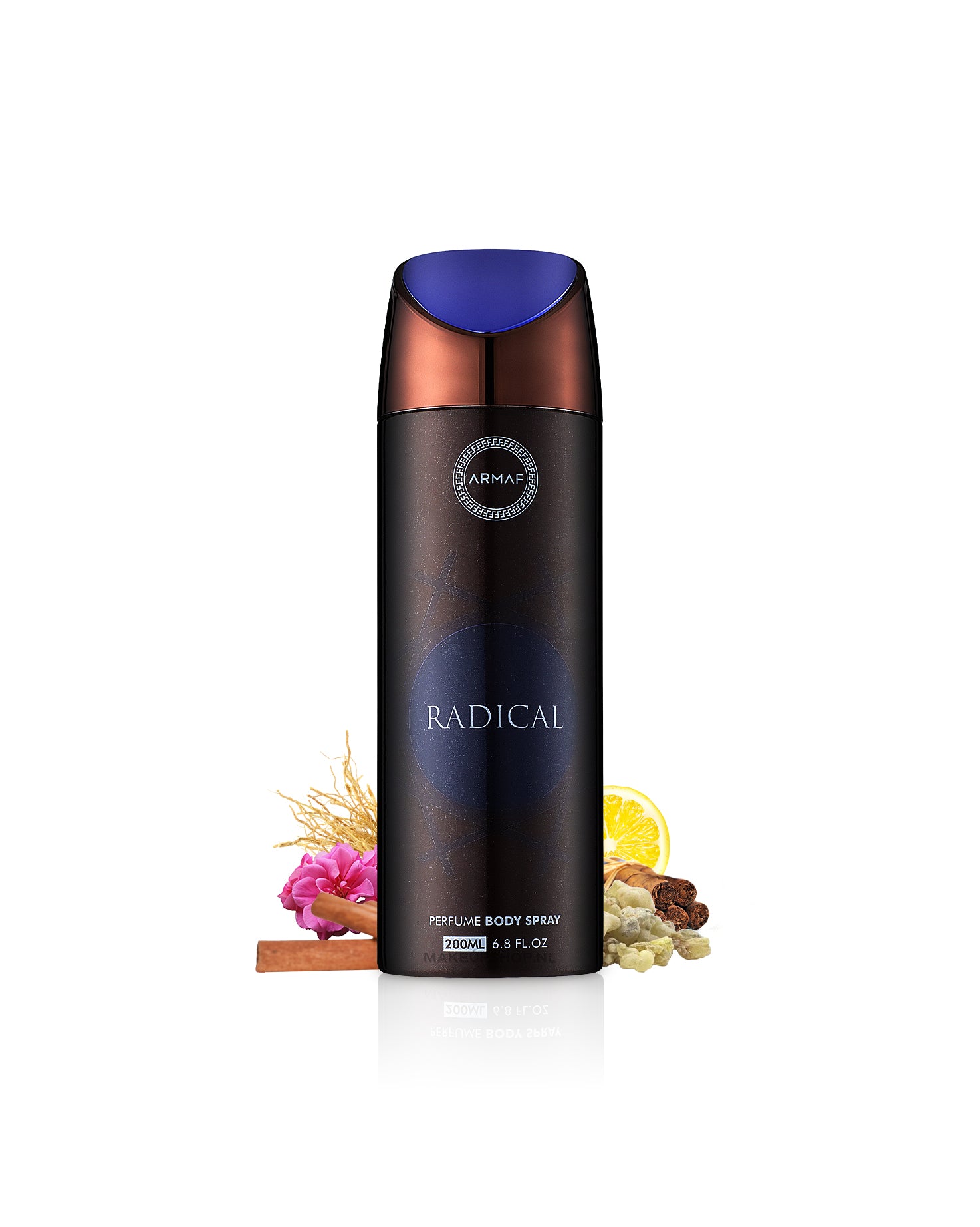 radical brown deodorant by armaf perfume bottle surrounded with its ingredients like sandalwood peony shows from behind the bottle  against white background