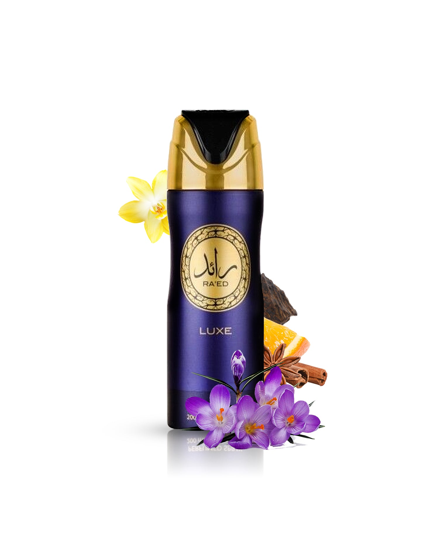 raed luxe Deodorant bottle surrounded by iris vanilla against white background