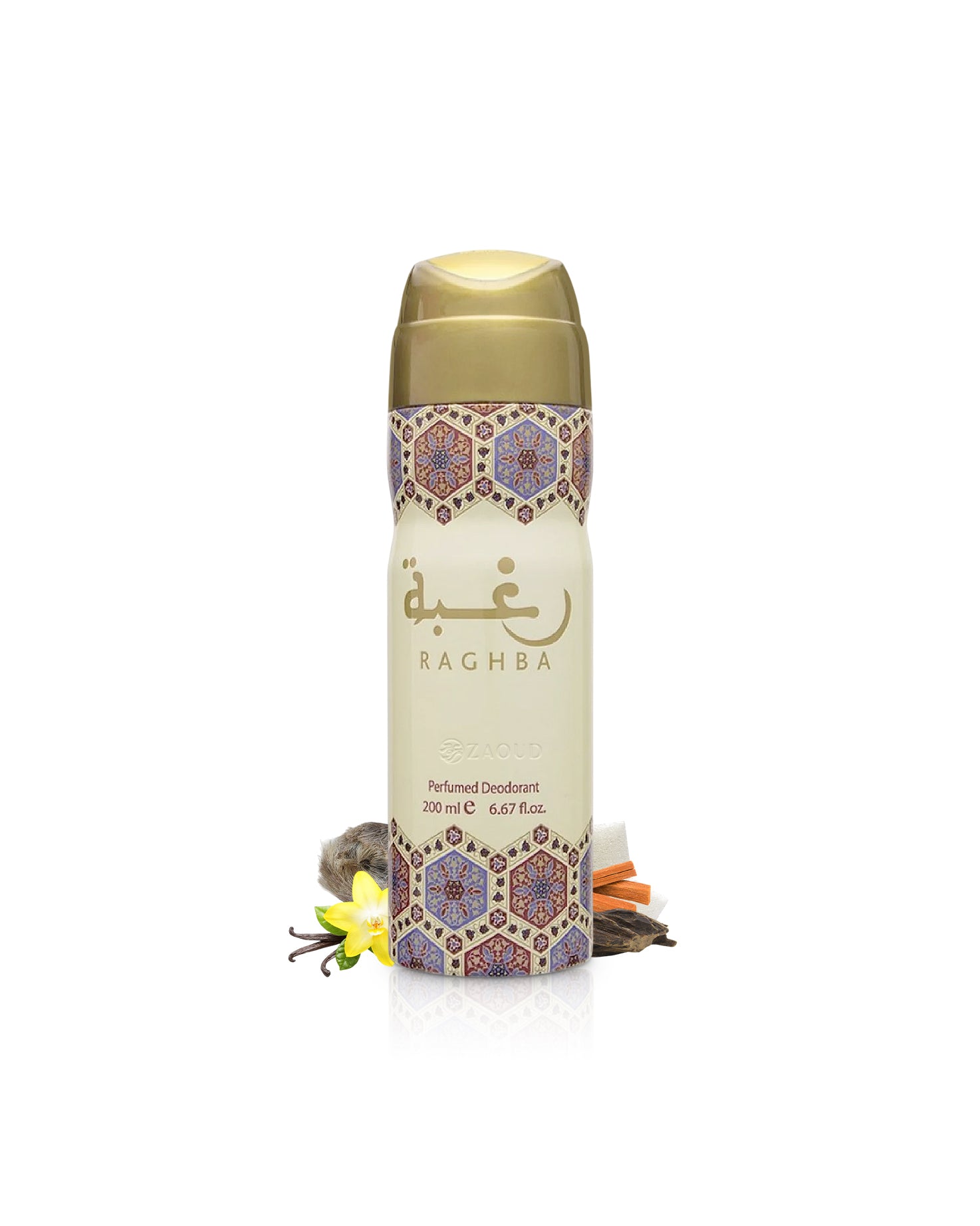 lattafa raghba deodorant bottle surrounded with fragrance notes like vanilla and oud shows against white background