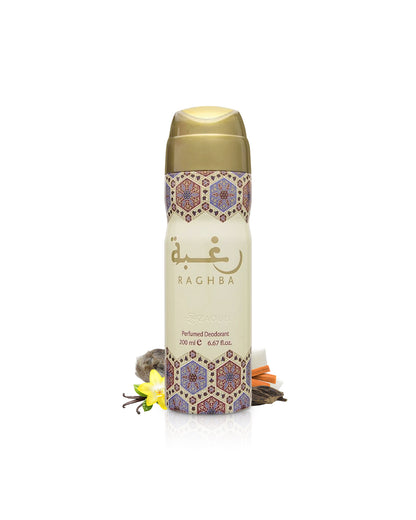 lattafa raghba deodorant bottle surrounded with fragrance notes like vanilla and oud shows against white background