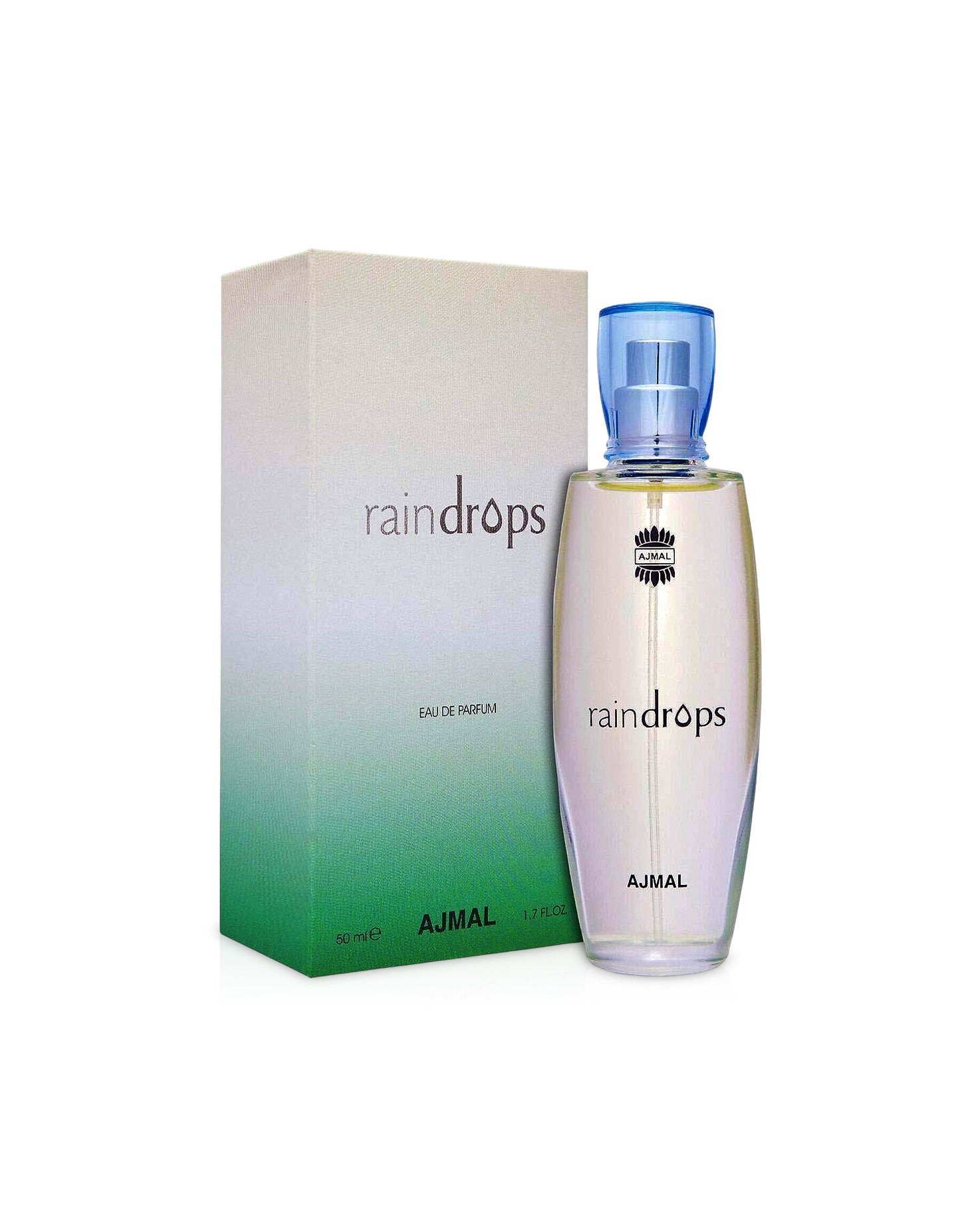 raindrops by ajmal perfumes bottle shows beside the box against white bckground