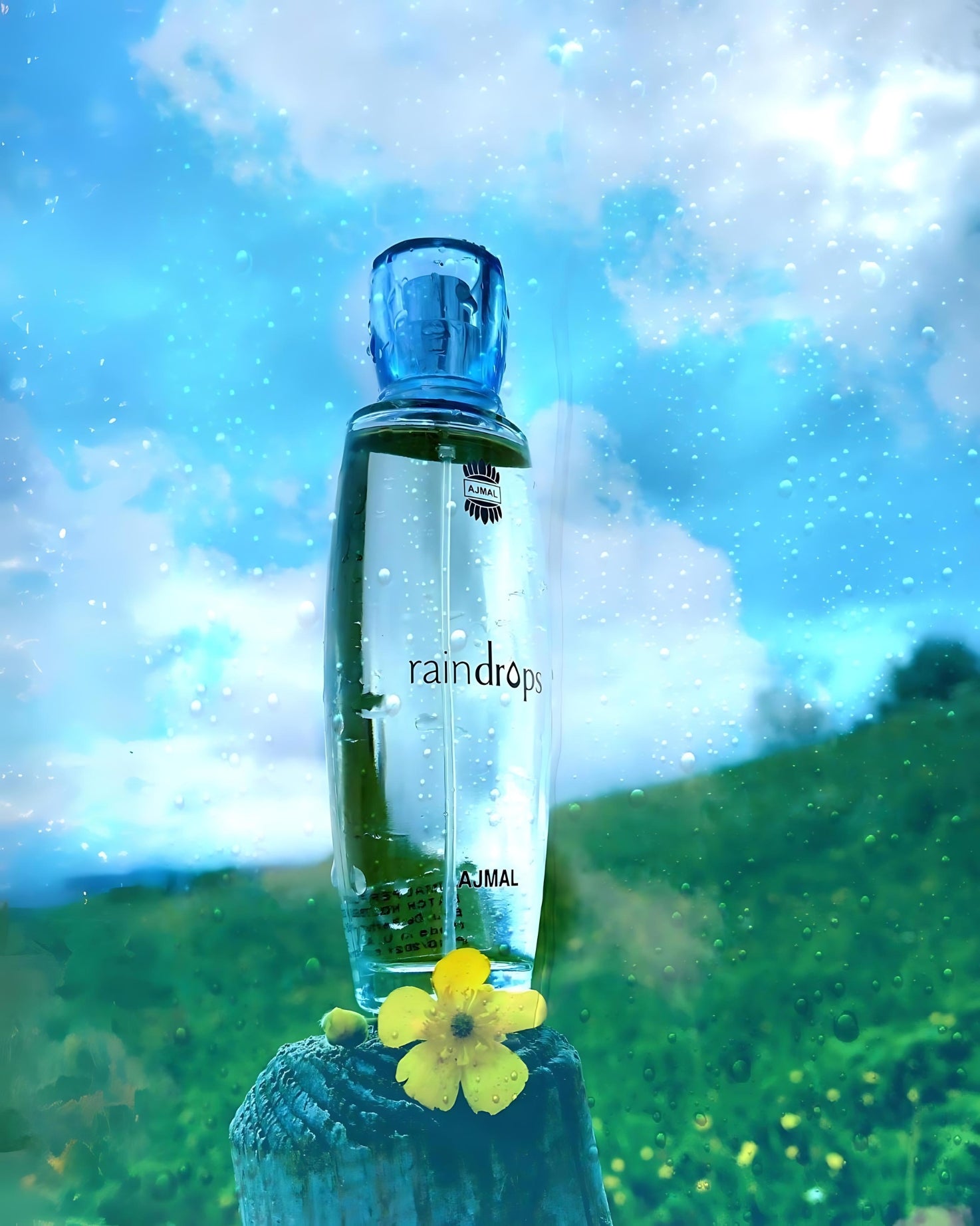 raindrops by ajmal perfumes bottle photograph over a wood log beside a yellow flower under rain with green mountain at background