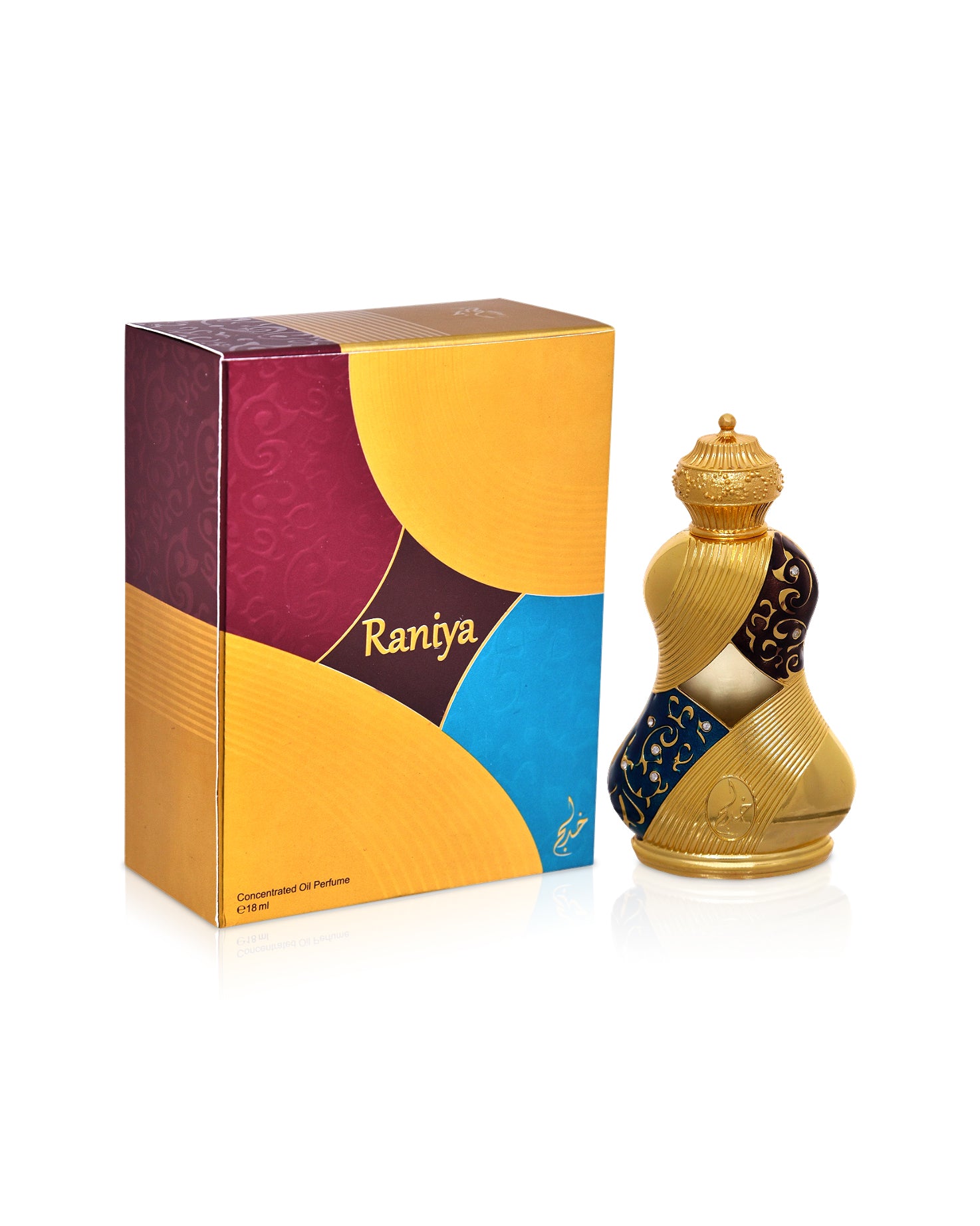 raniya perfume oil bottle by khadlaj perfume shows beside its box against white background