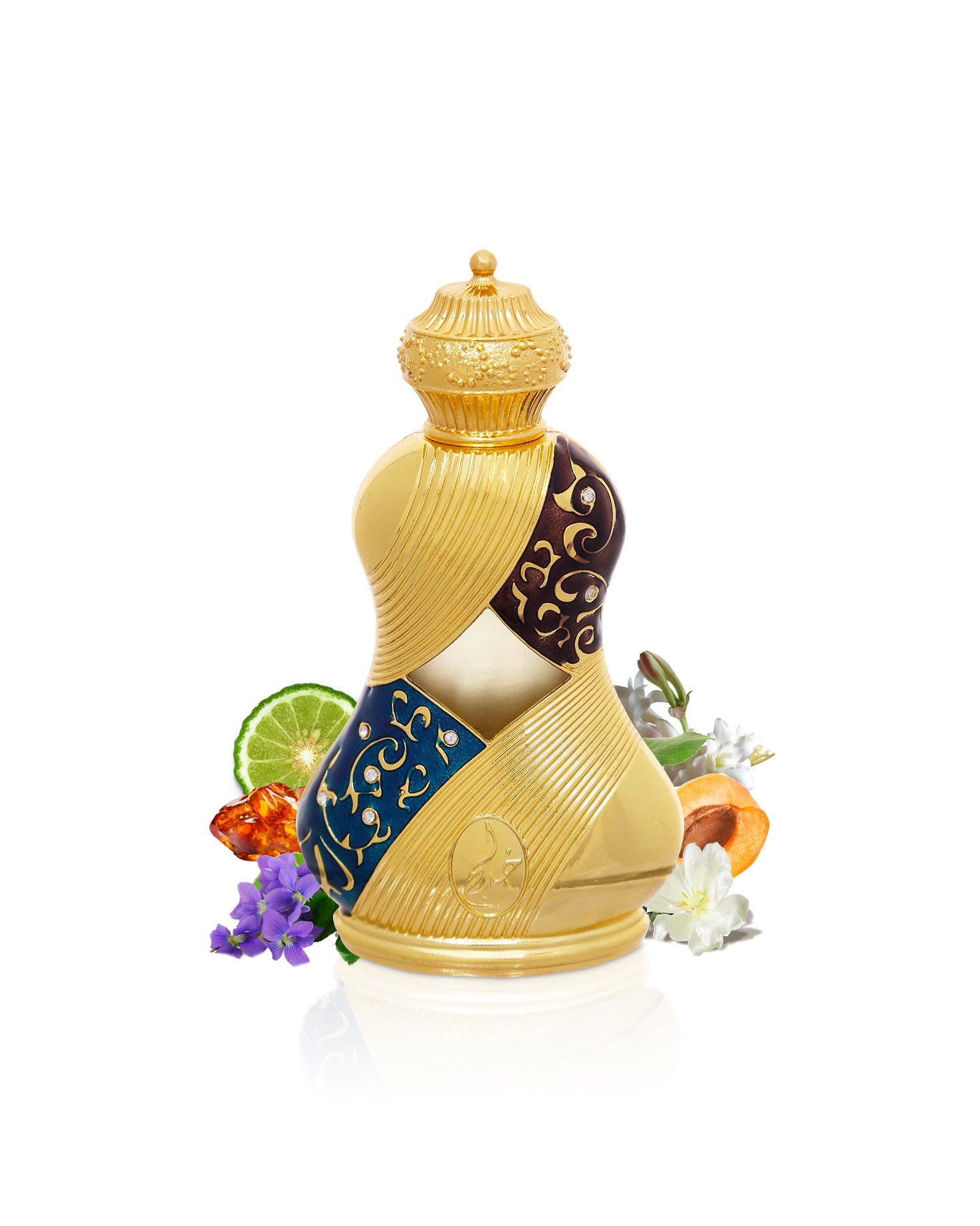 raniya perfume oil bottle by khadlaj perfume surrounded with its ingredients like citrus and amber with many others shows from behind the bottle against white background