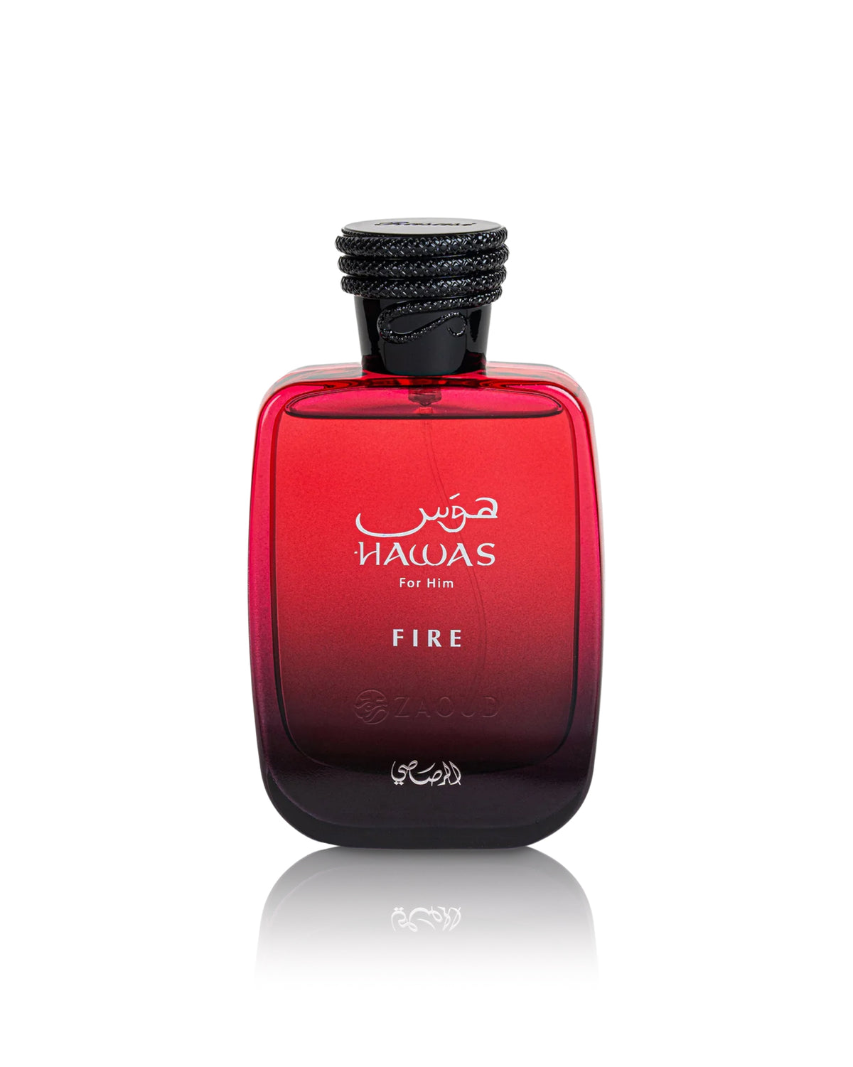A bottle of hawas Fire For Him cologne, featuring a red gradient glass bottle with a black cap, shown on a white background with a soft reflection.