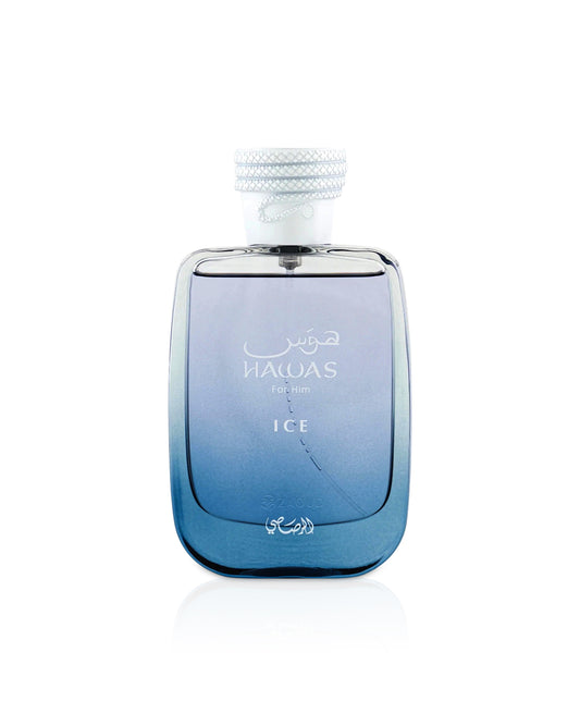 rasasi hawas ice Blue perfume bottle labeled 'Hawas Ice' on a white background