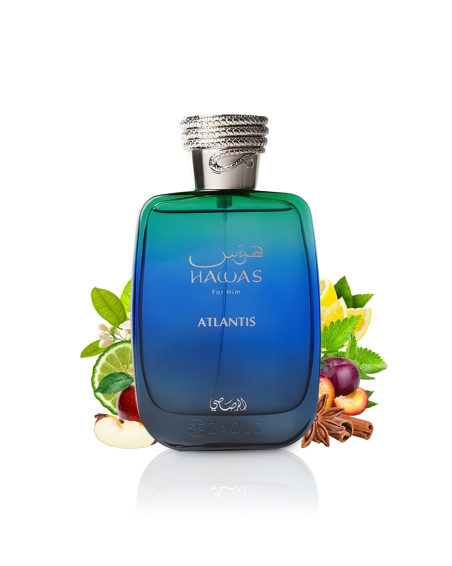 rasasi hawas atlantis perfume bottle surrounded by fragrance notes like fruits and spices shows against white background