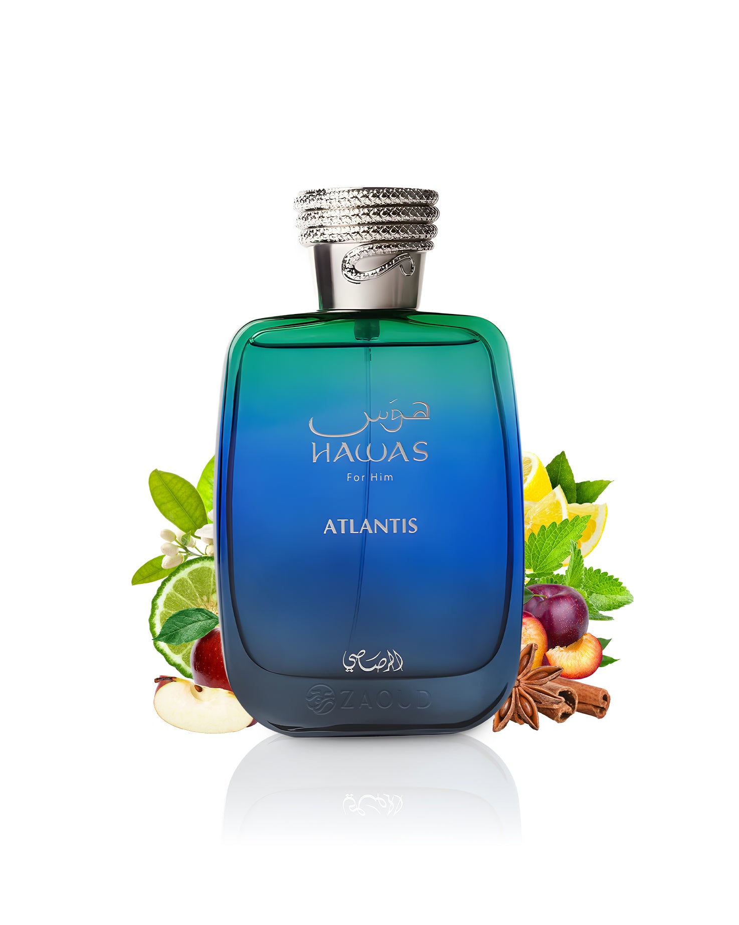 rasasi hawas atlantis perfume bottle surrounded by fragrance notes like fruits and spices shows against white background