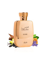 rasasi hawas elixir perfume bottle surrounded with fragrance notes like lavender and tonka shows against white background