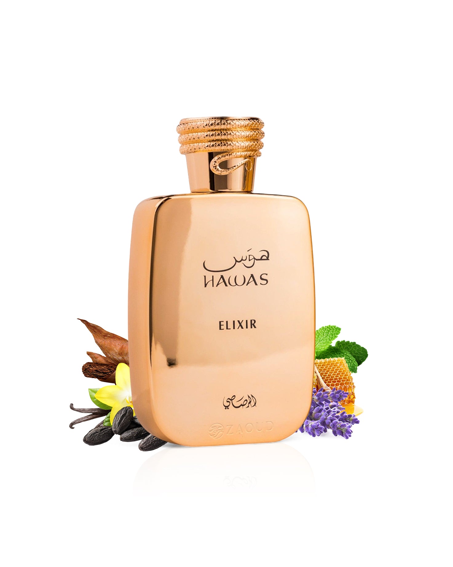 rasasi hawas elixir perfume bottle surrounded with fragrance notes like lavender and tonka shows against white background