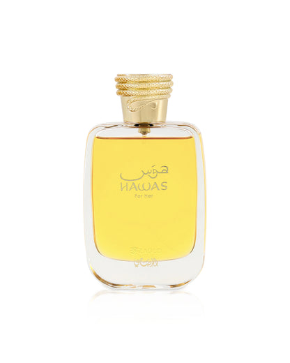 rasasi hawas for her Perfume bottle with gold cap on a white background