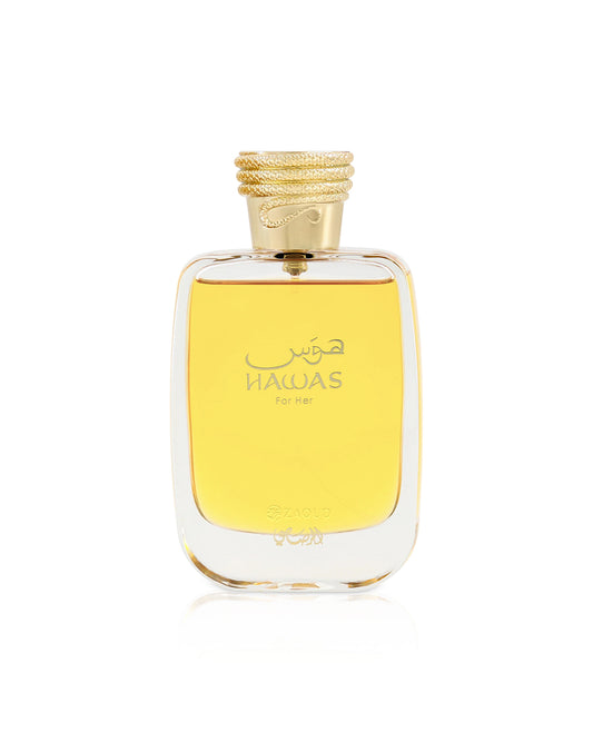 rasasi hawas for her Perfume bottle with gold cap on a white background