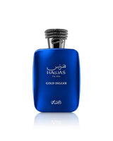 rasasi hawas gold digger perfume bottle shows against white background