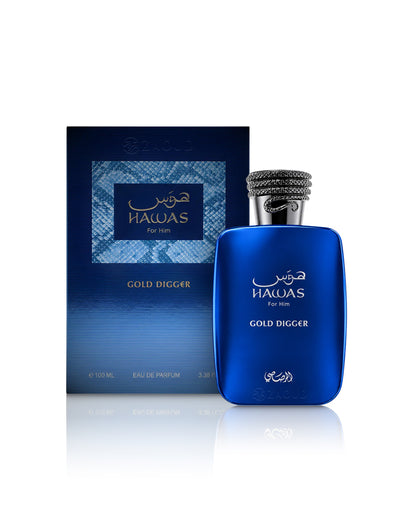 rasasi hawas gold digger perfume bottle shows beside its packaging  against white background