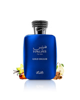 rasasi hawas gold digger perfume bottle surrounded with fragrance notes like amber and cinnamon shows against white background