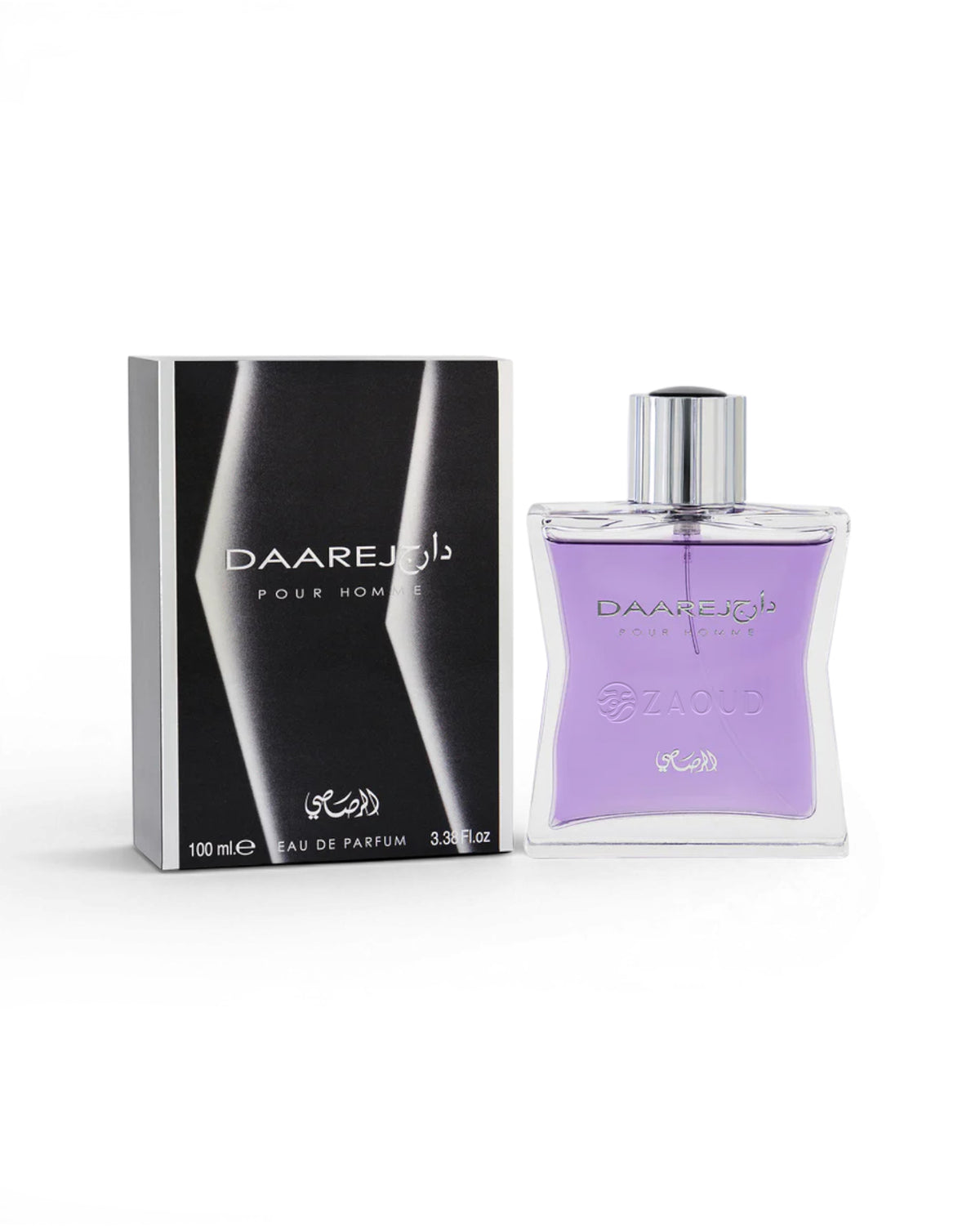 rasasi dareej pour homme perfume bottle shows beside its packaging against white background