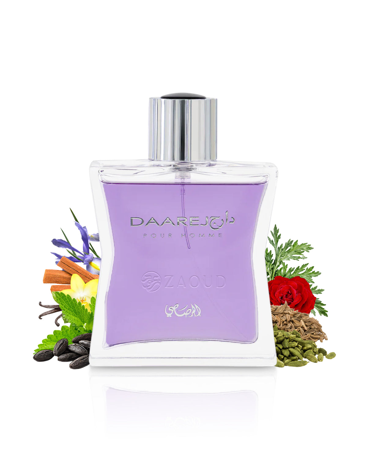 rasasi dareej pour homme perfume bottle surrounded with fragrance notes like spices and rose shows against white background