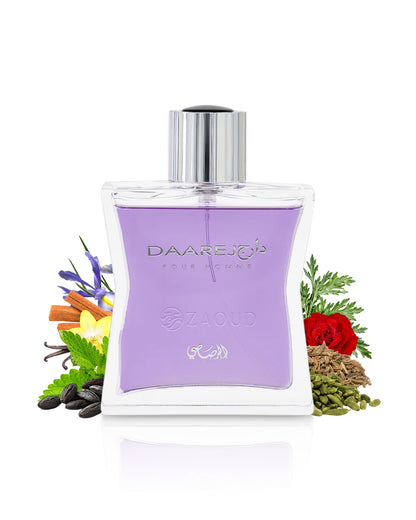 rasasi dareej pour homme perfume bottle surrounded with fragrance notes like spices and rose shows against white background