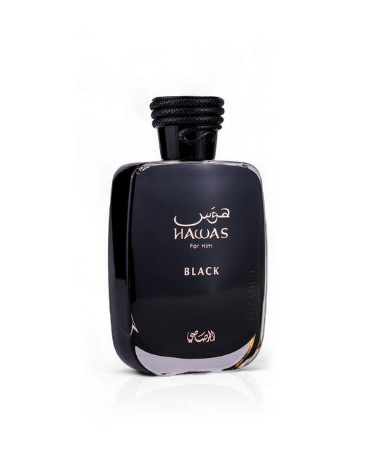 rasasi hawas black perfume bottle shows against white background