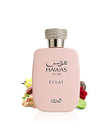Perfume bottle labeled 'Hawas for Her Eclat' with decorative elements like litchie and citrus on a white background
