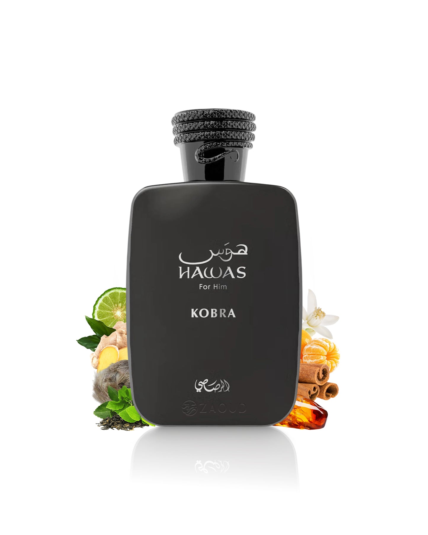rasasi hawas kobra perfume bottle surrounded with fragrance notes like tea and ginger shows against white background