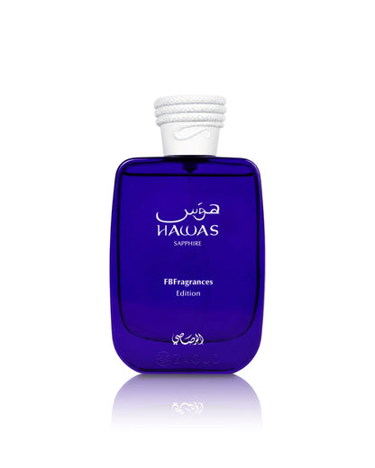 rasasi hawas sapphire blue perfume bottle shows against white background