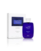 rasasi hawas sapphire blue perfume bottle shows beside its packaging against white background