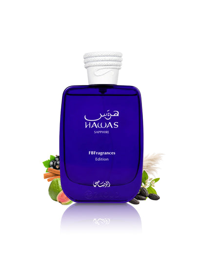 rasasi hawas sapphire blue perfume bottle surrounded with fragrance notes like guava and tonka beans shows against white background