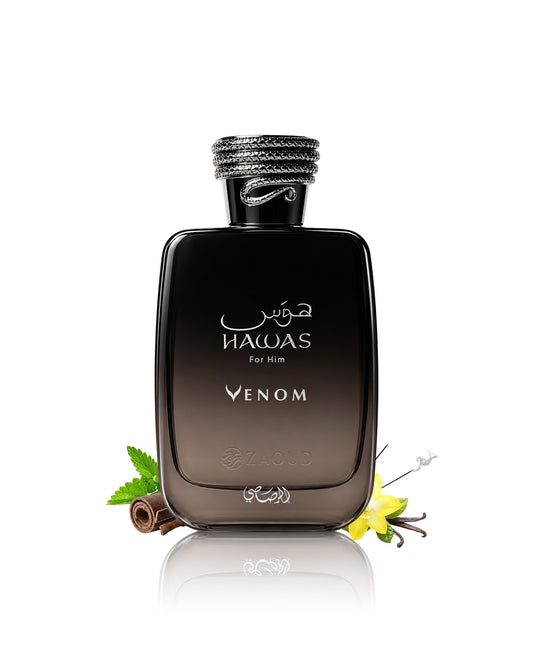 rasasi hawas venom perfume bottle surrounded with fragrance notes like leather and vanilla shows against white background