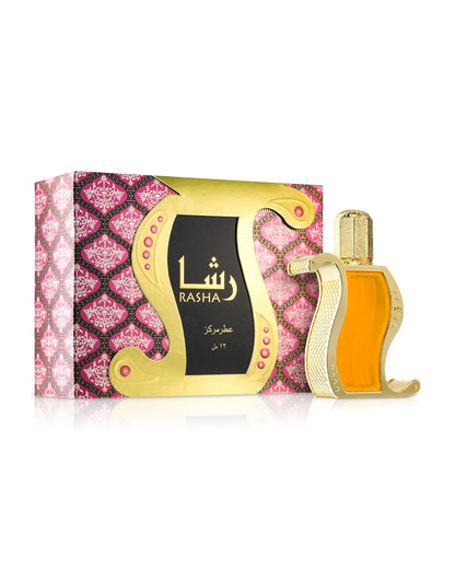 khadlaj rasha perfume oil bottle shows beside its box against white background