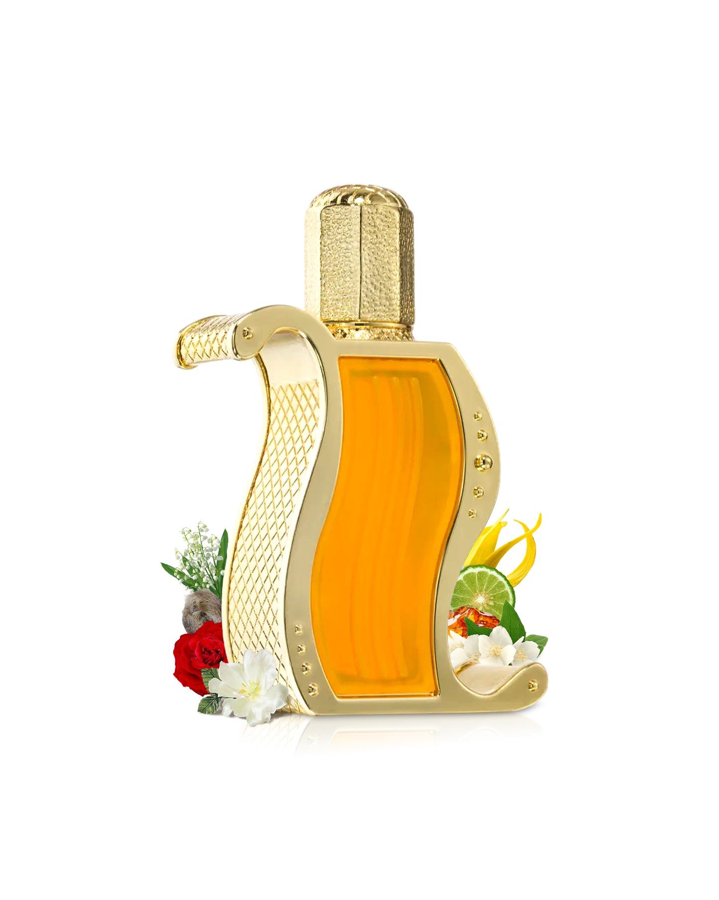 khadlaj rasha perfume oil bottle surrounded with its ingredients like citrus and vanilla with many others like rose shows from behind the bottle against white background