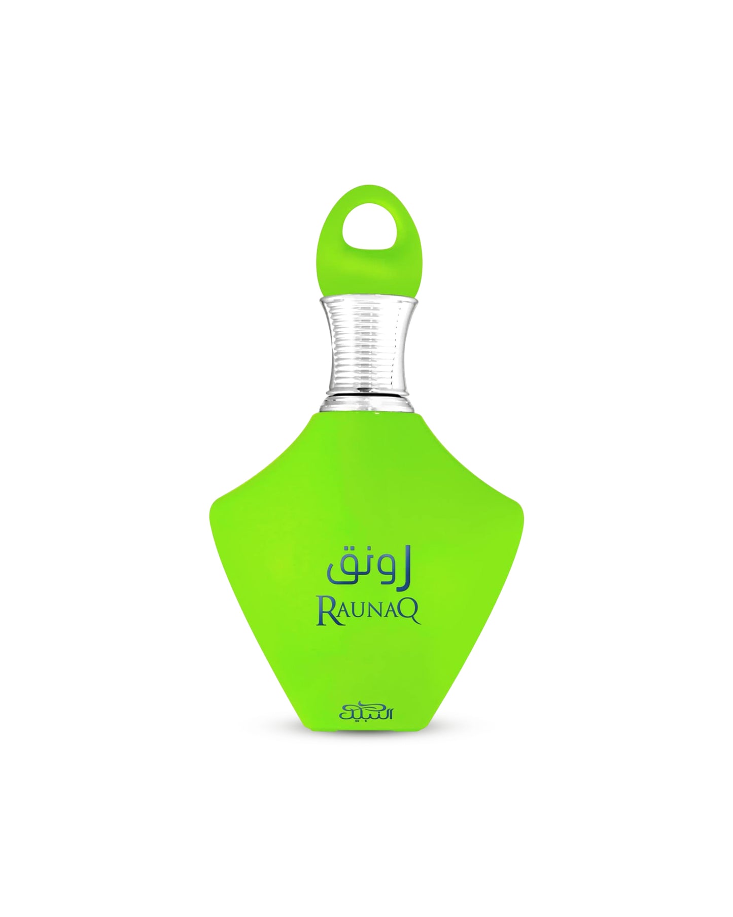 Raunaq eau de parfum green perfume bottle showing against with background