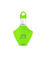 Raunaq eau de parfum green perfume bottle showing against with background