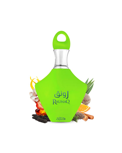 Raunaq eau de parfum green perfume bottle surrounded with its ingredients like tonka beans and woody notes showing from behind the bottle against white background