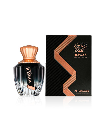 Rawaa by al haramain perfume bottle shows beside its box against white background