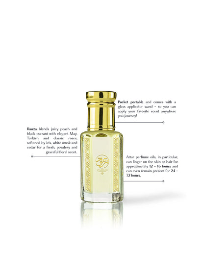 rawza perfume oil bottle with a gold cap and gold-embossed label, shown on a white background with descriptive text callouts.